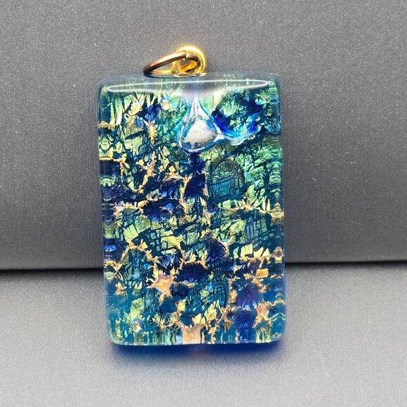 Murano Jewelry - Murano Dichroic Glass Pendant 1.25 x.75" Blue Green Foil Gold-Tone Bail